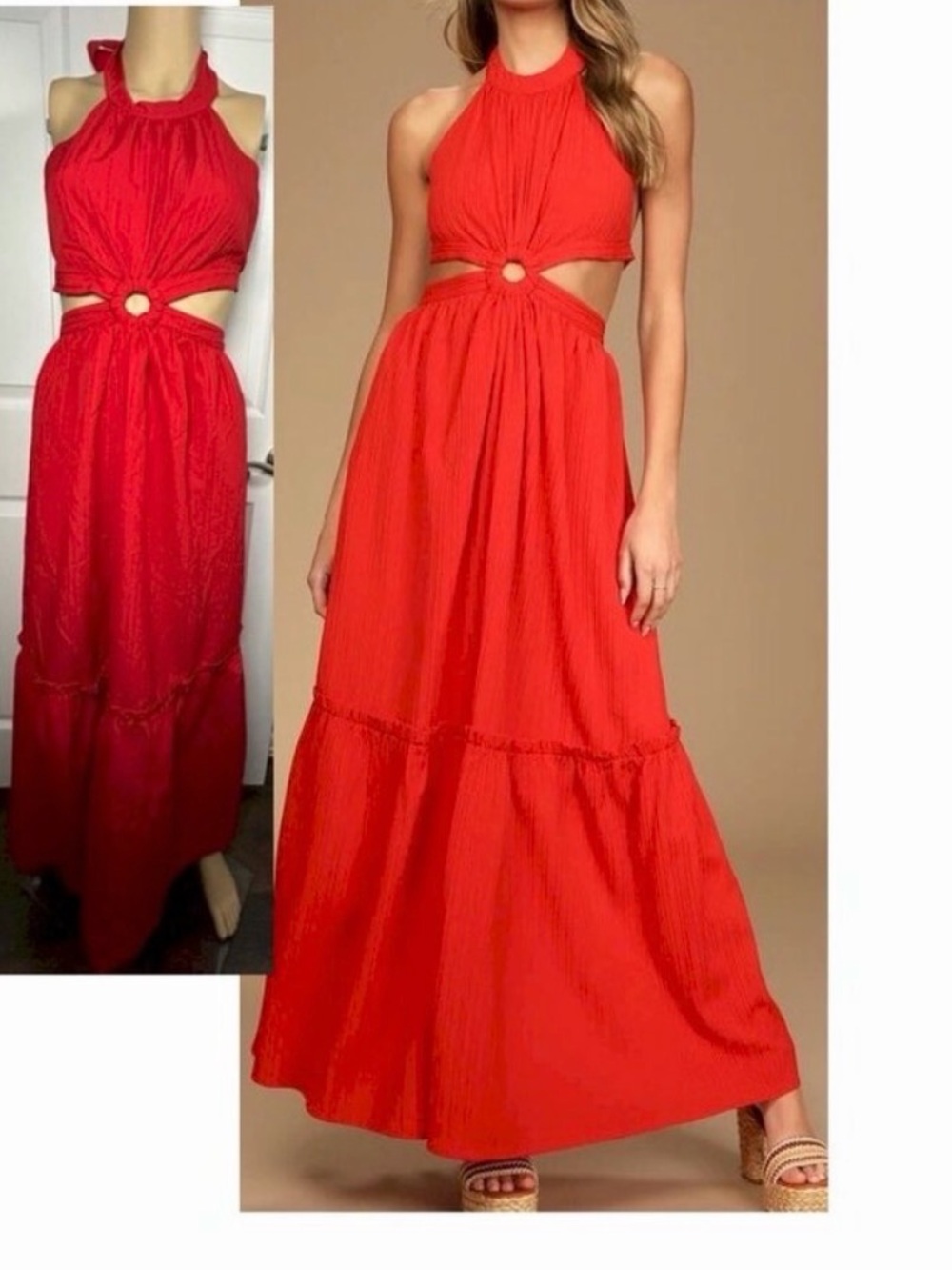 Lulu's Red Halter Maxi Dress with Keyhole Cutouts